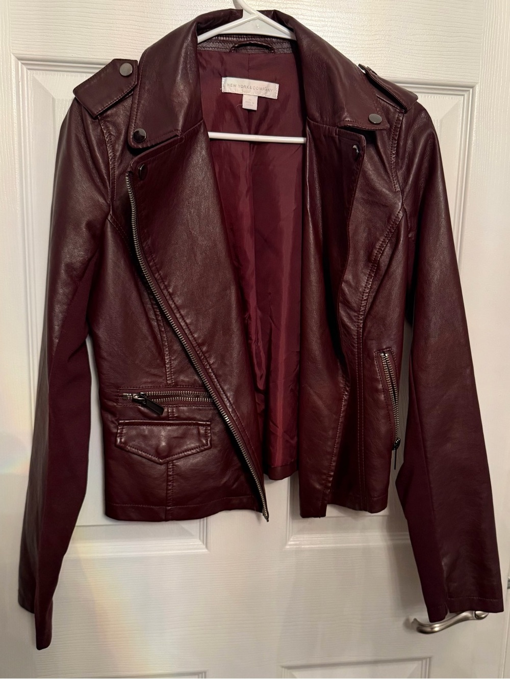 New York & Company Women's Wine Faux Leather Moto Jacket